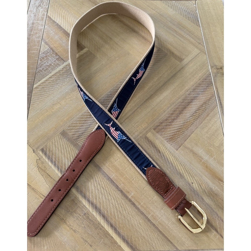 Mens Zeppro belt Swordfish Leather Woven Nautical Embroidered 42 USA Brass Zep - Picture 2 of 5